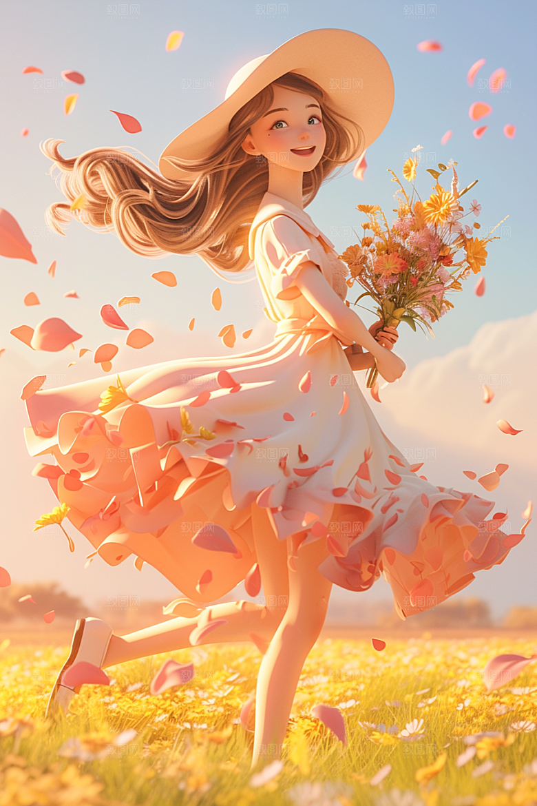 手捧鲜花的少女梦幻花朵素材