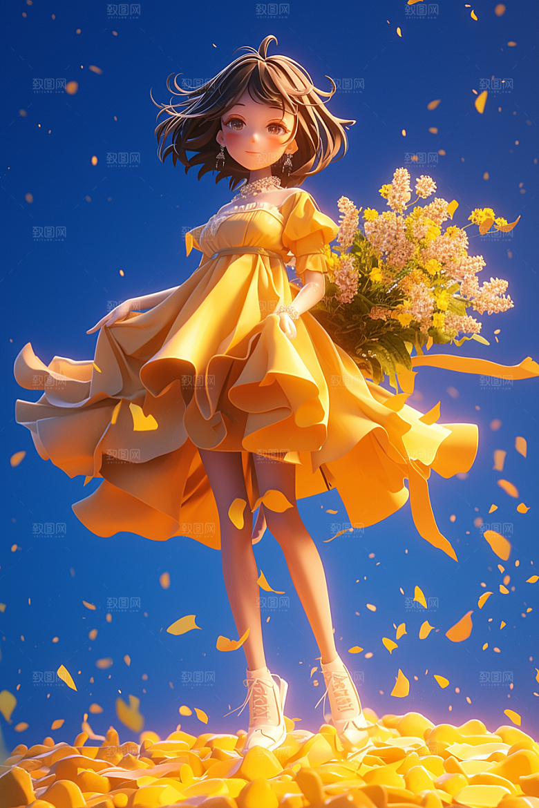 手捧鲜花的少女清新青春素材
