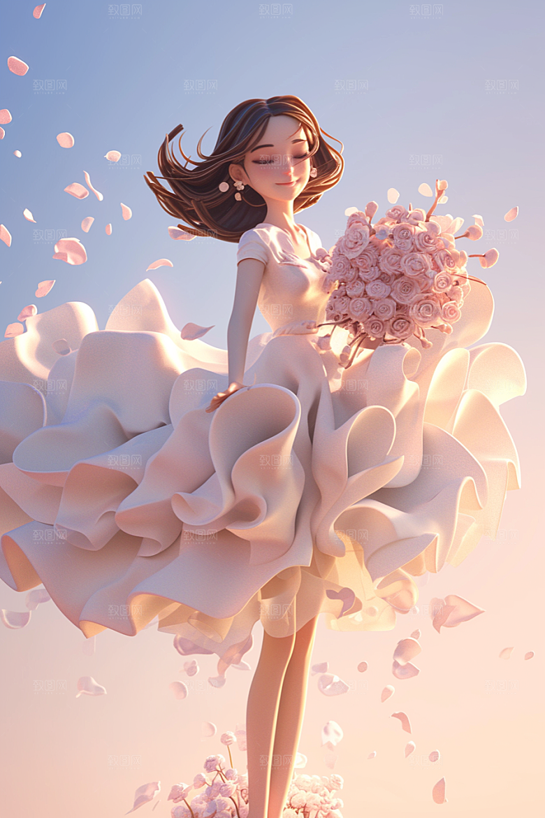 手捧鲜花的少女肖像模型素材