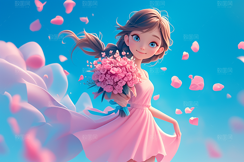 手捧鲜花的少女青春清新素材