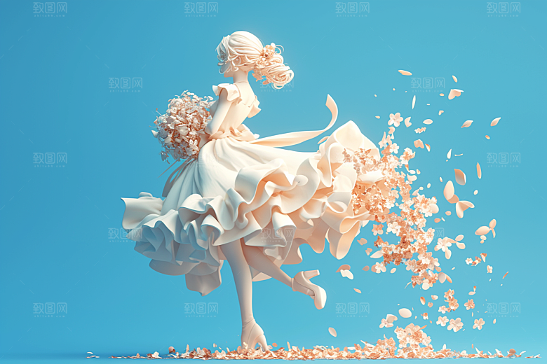 手捧鲜花的少女模型立体素材