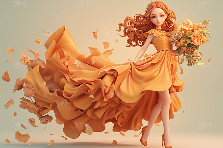 手捧鲜花的少女肖像梦幻素材