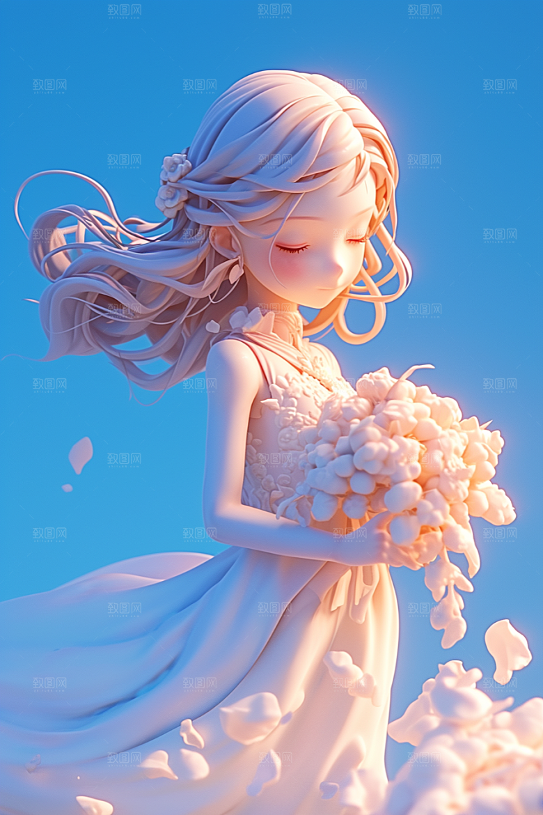 手捧鲜花的少女人物唯美素材