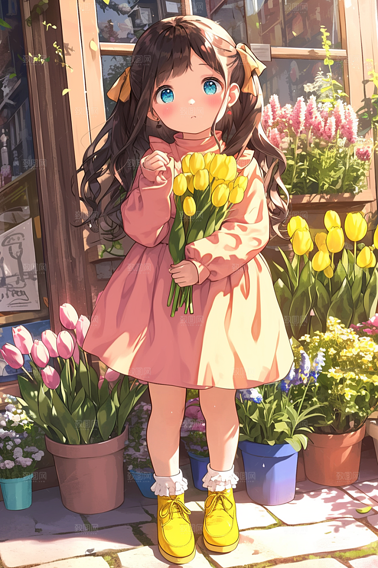 手捧鲜花的少女青春唯美素材