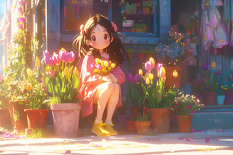 手捧鲜花的少女唯美模型素材