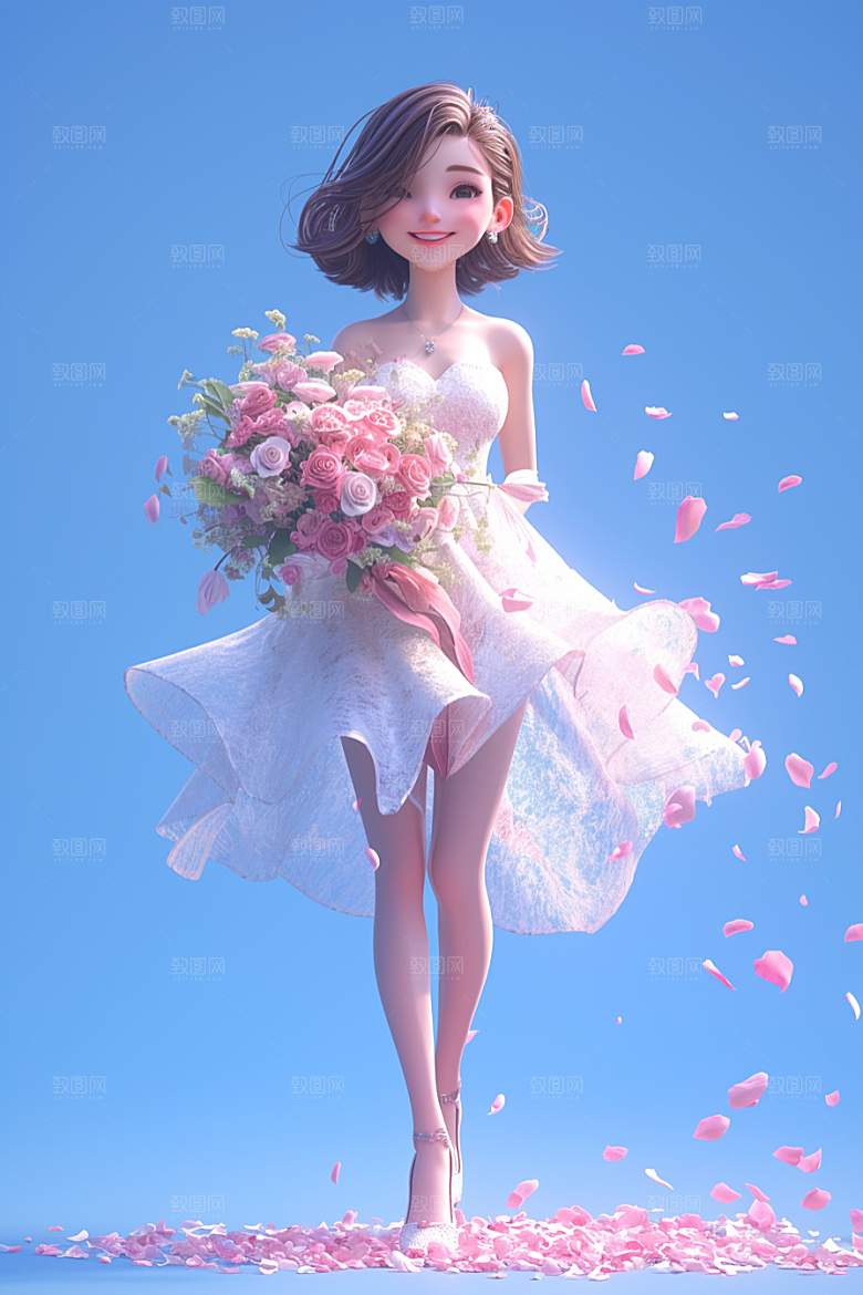 手捧鲜花的少女自然模型素材