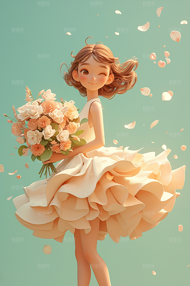 手捧鲜花的少女春天自然素材