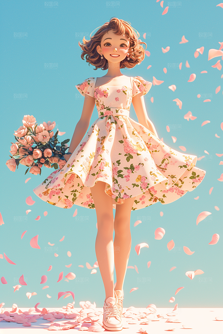 手捧鲜花的少女青春3D素材