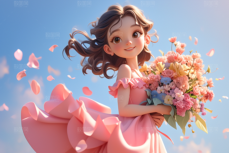 手捧鲜花的少女模型立体素材