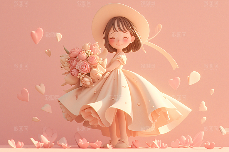 手捧鲜花的少女烂漫青春素材