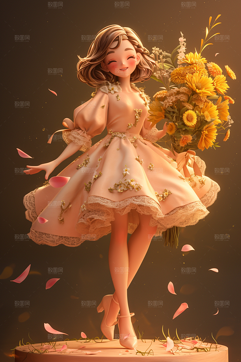 手捧鲜花的少女自然立体素材