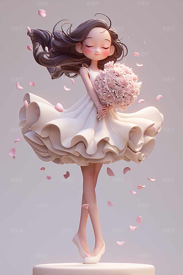 手捧鲜花的少女烂漫唯美素材