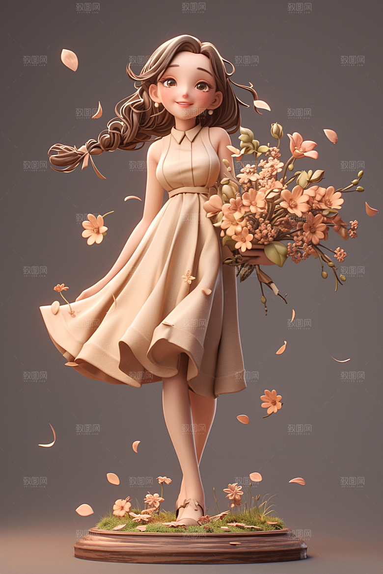 手捧鲜花的少女飞舞的裙摆梦幻素材