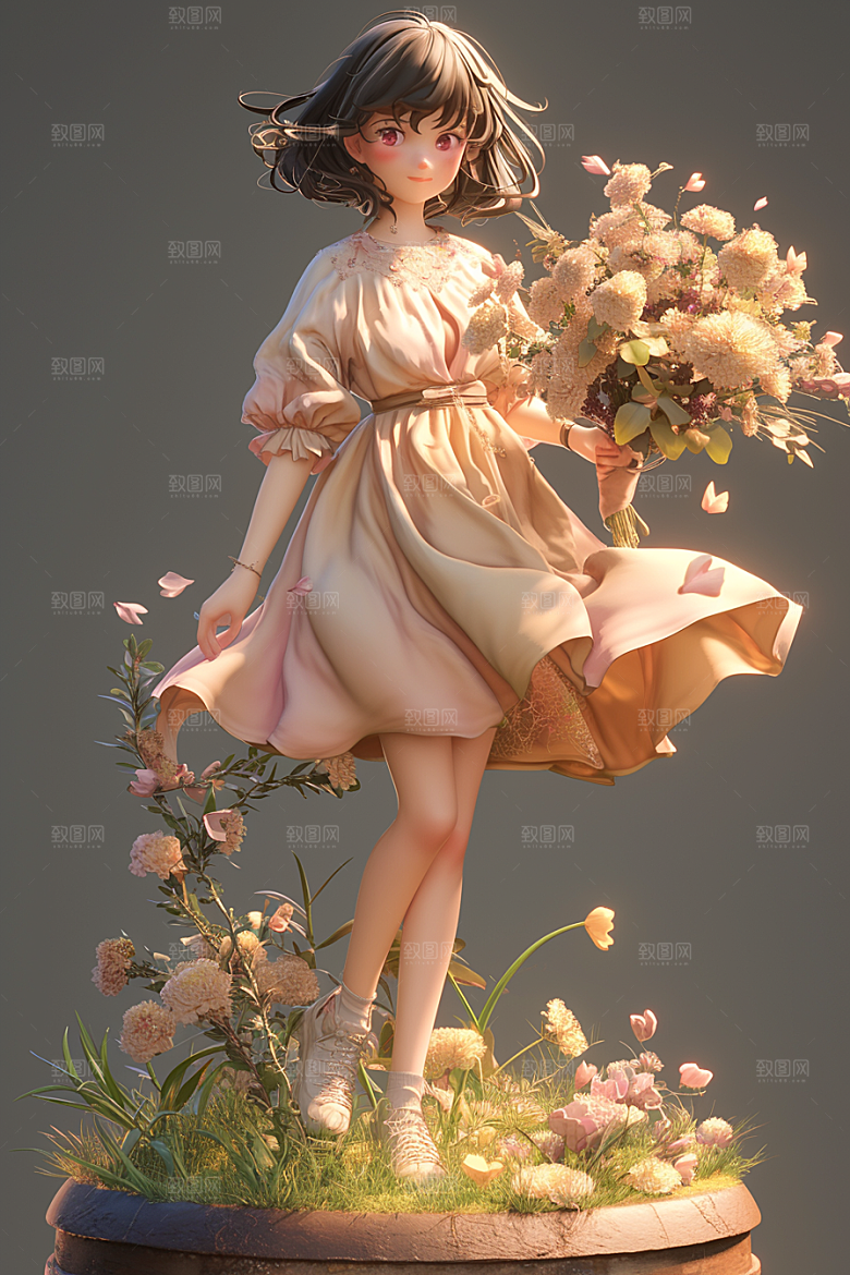 手捧鲜花的少女飞舞的裙摆唯美素材
