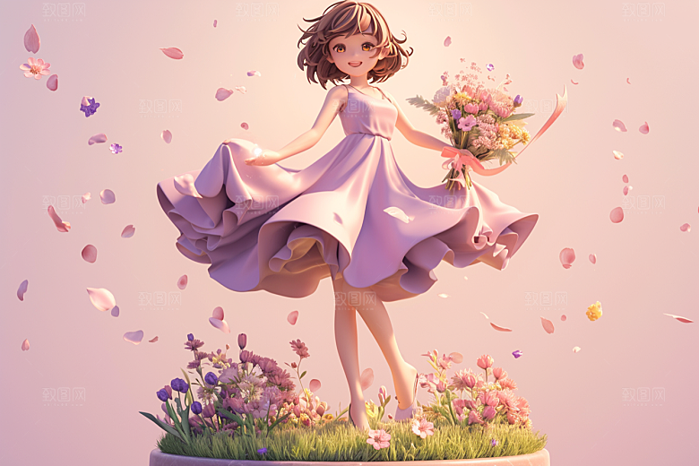 手捧鲜花的少女飞舞的裙摆梦幻素材