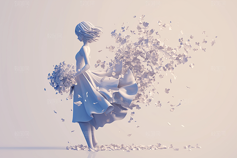 手捧鲜花的少女立体人物素材