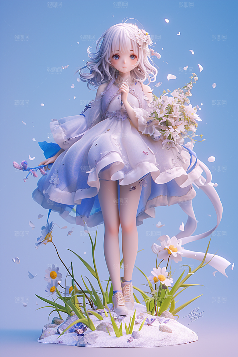 手捧鲜花的少女模型春天素材