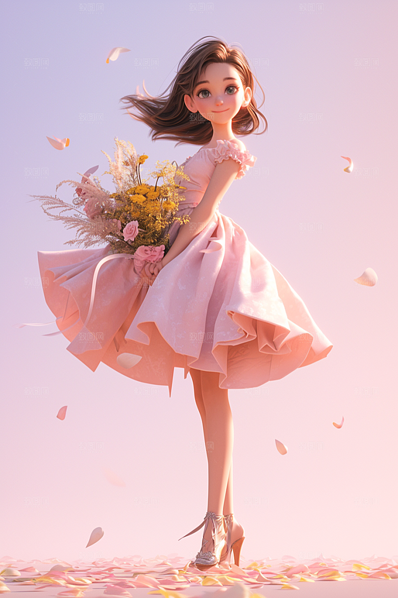 手捧鲜花的少女青春清新素材