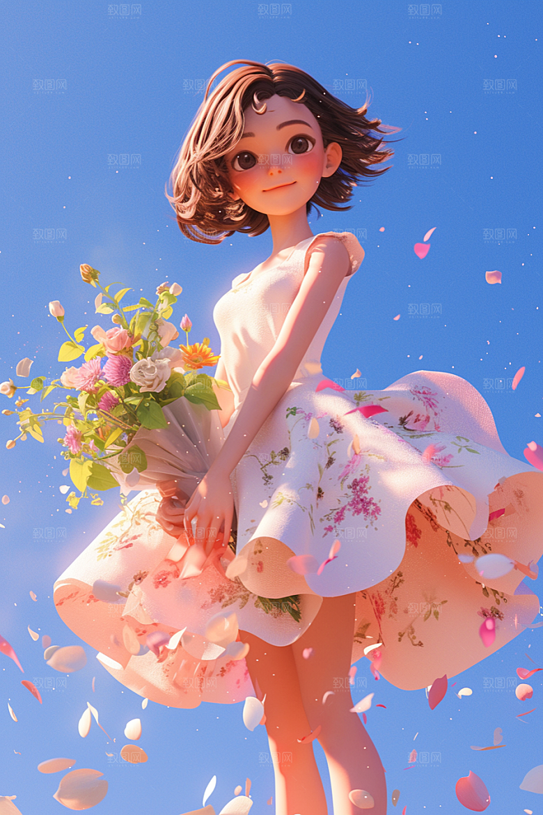手捧鲜花的少女春天烂漫素材