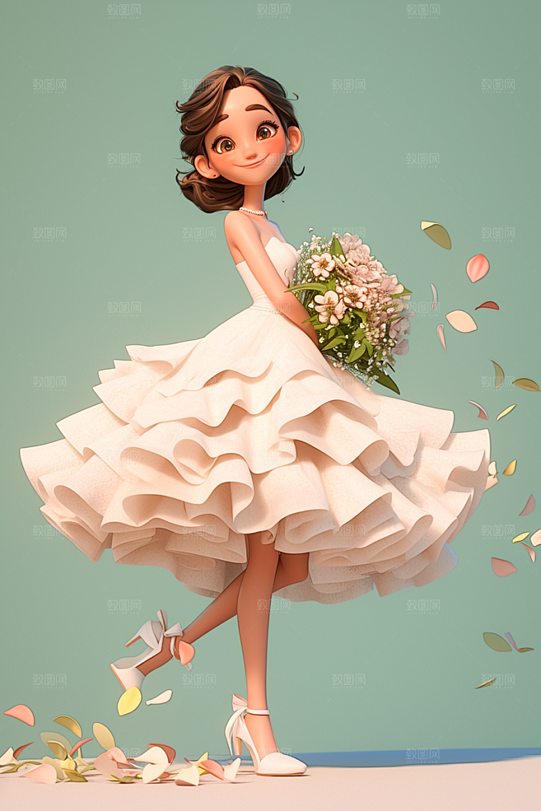 手捧鲜花的少女3D烂漫素材