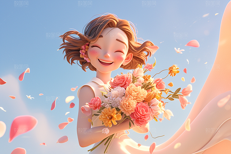 手捧鲜花的少女烂漫春天素材