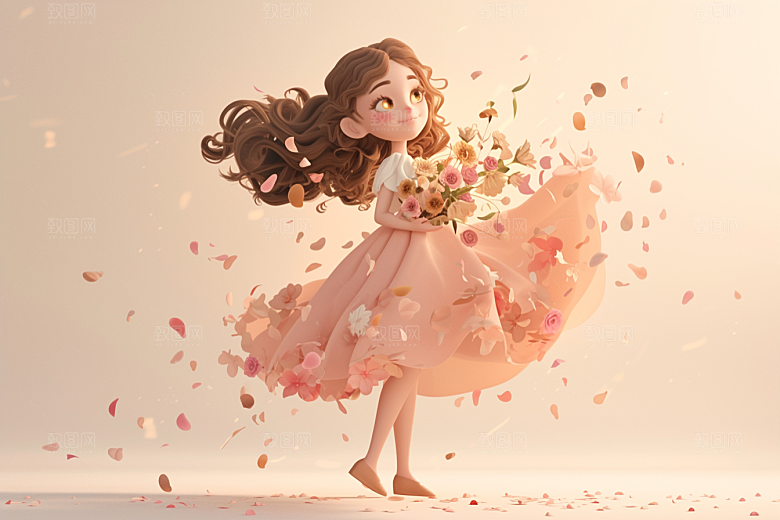 手捧鲜花的少女青春立体素材