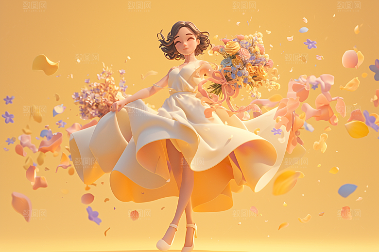 手捧鲜花的少女人物唯美素材