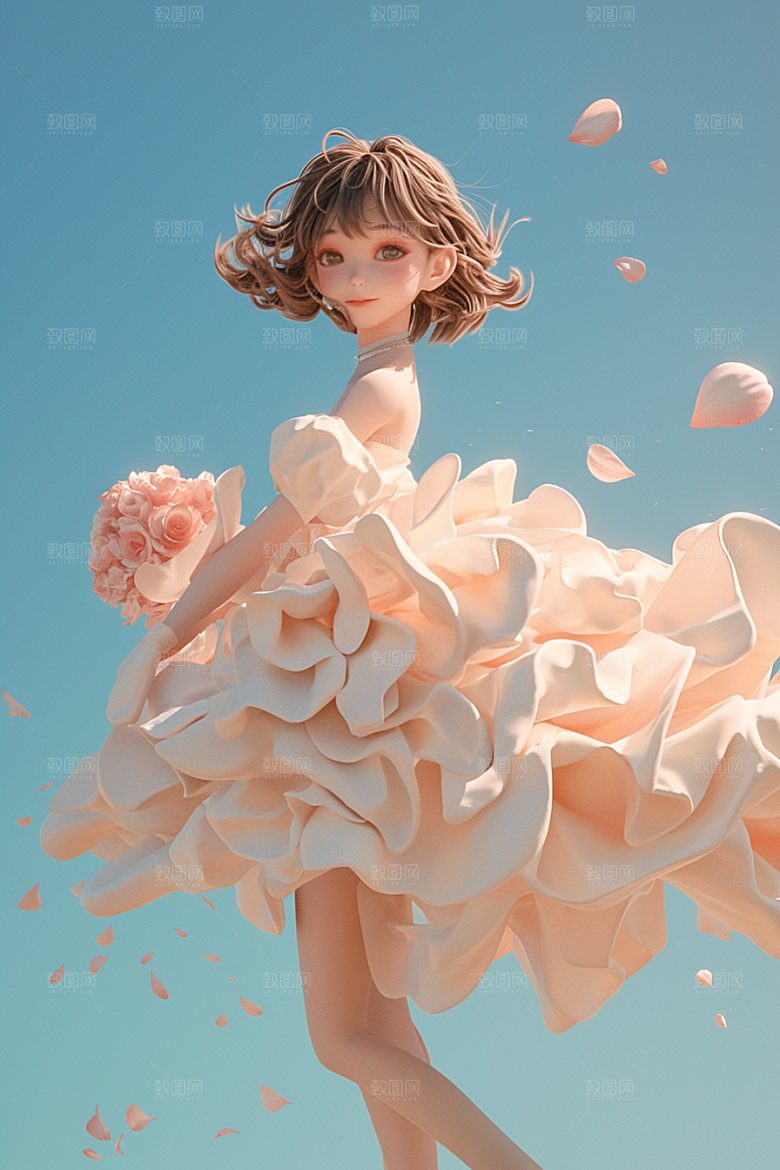 手捧鲜花的少女自然模型素材
