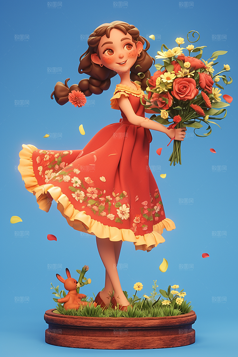 手捧鲜花的少女自然立体素材