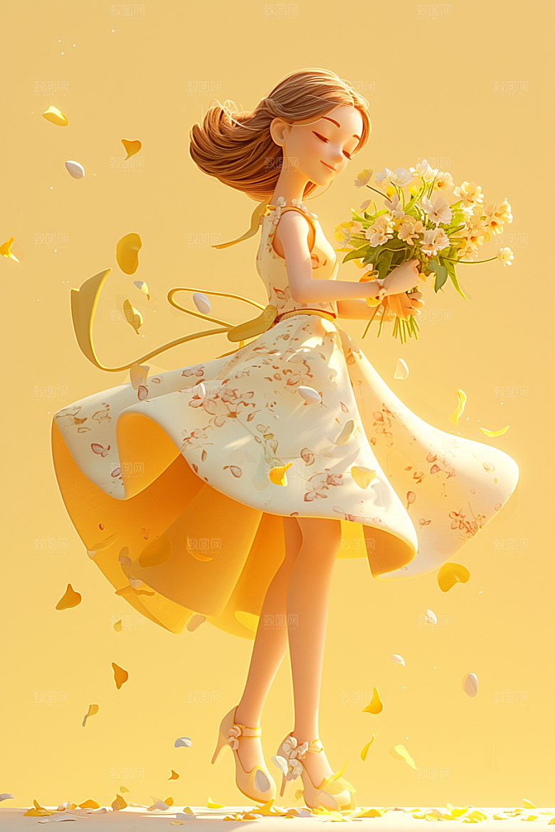 手捧鲜花的少女3D人物素材