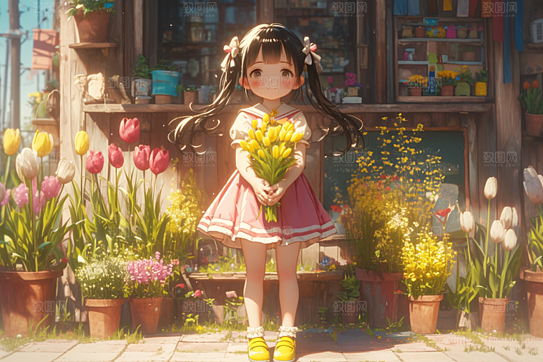 手捧鲜花的少女自然烂漫素材