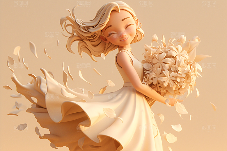 手捧鲜花的少女立体3D素材