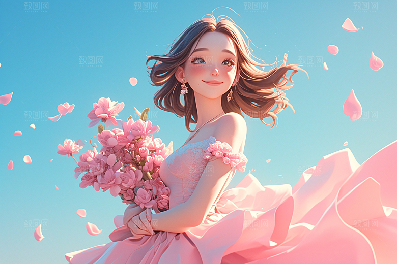手捧鲜花的少女清新唯美素材