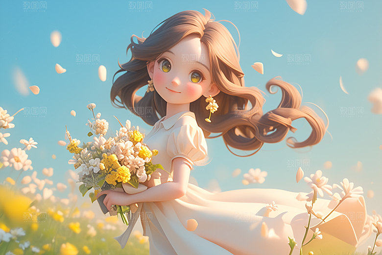 手捧鲜花的少女花朵清新素材