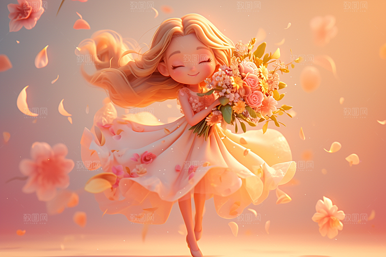 手捧鲜花的少女模型3D素材