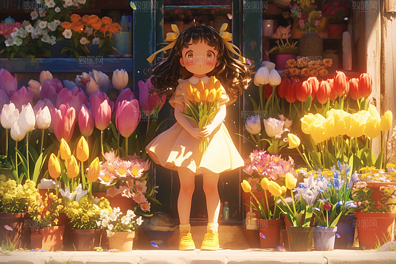 手捧鲜花的少女春天青春素材