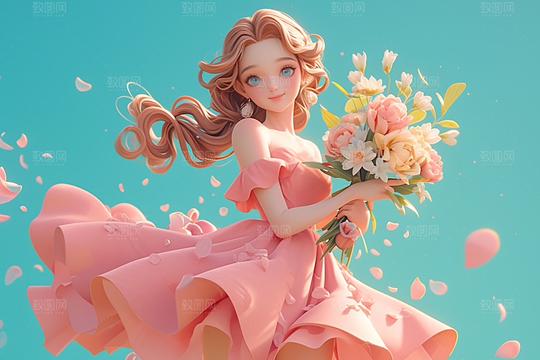 手捧鲜花的少女自然春天素材