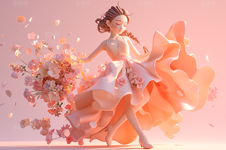 手捧鲜花的少女花朵3D素材