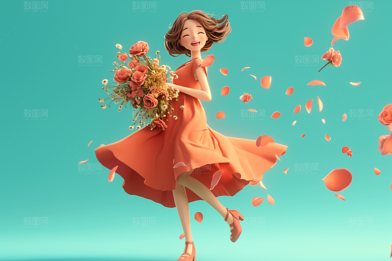 手捧鲜花的少女飞舞的裙摆唯美素材