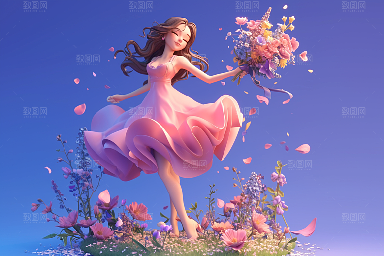 手捧鲜花的少女3D青春素材