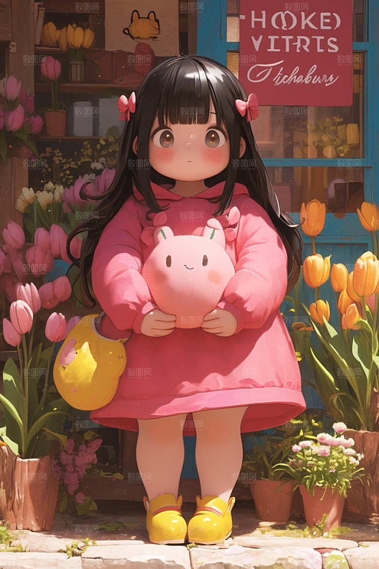 手捧鲜花的少女青春人物素材