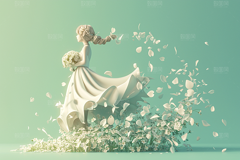手捧鲜花的少女花朵烂漫素材