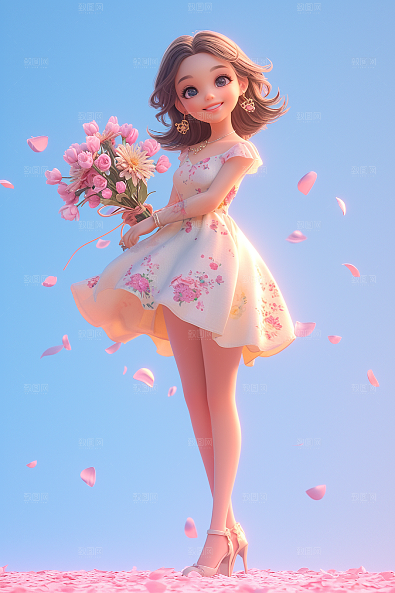 手捧鲜花的少女3D模型素材