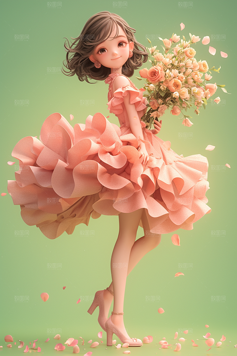 手捧鲜花的少女春天自然素材