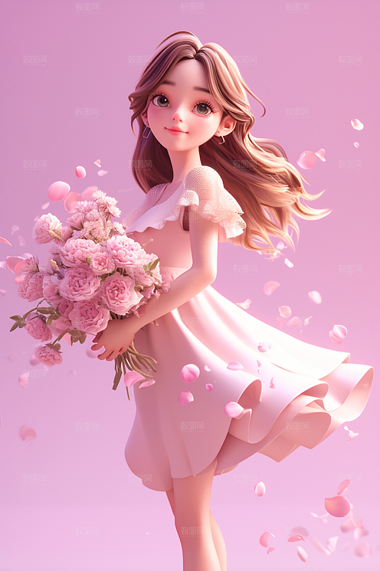 手捧鲜花的少女烂漫花朵素材