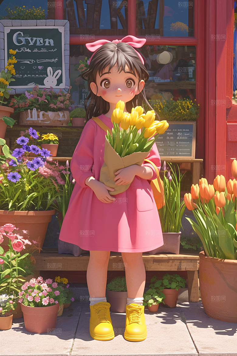 手捧鲜花的少女自然唯美素材