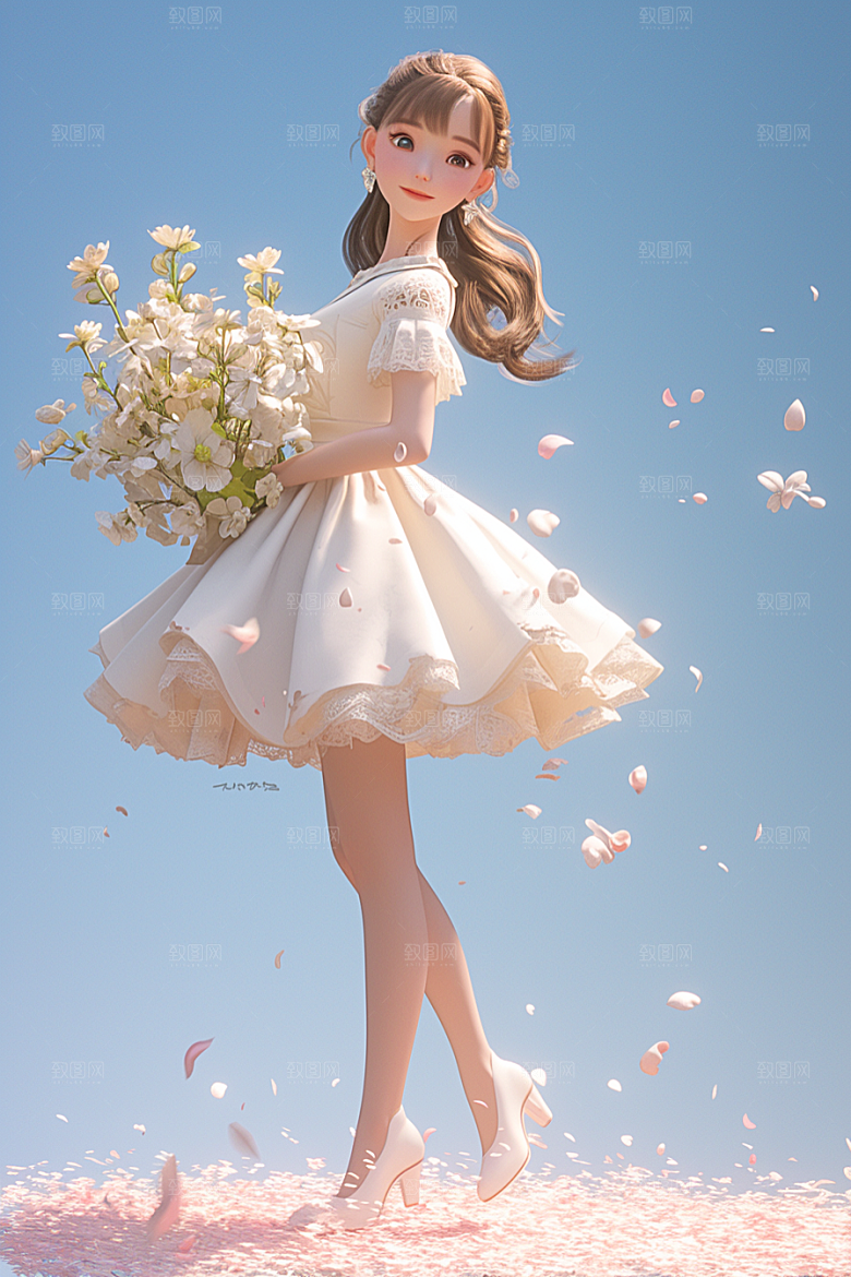 手捧鲜花的少女烂漫清新素材