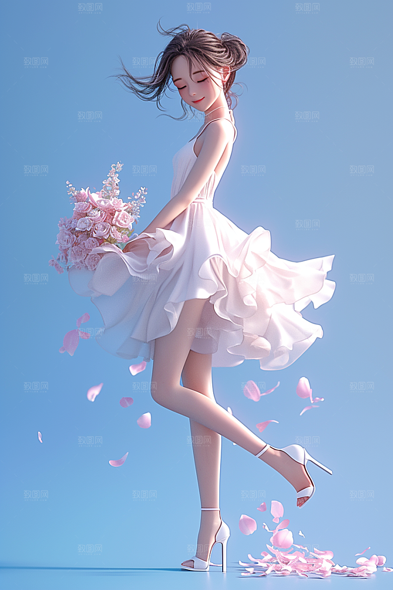 手捧鲜花的少女人物肖像素材