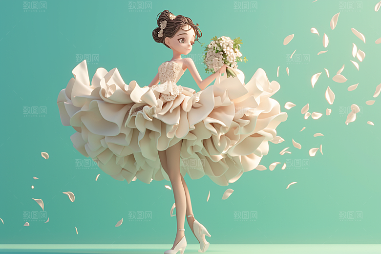 手捧鲜花的少女立体梦幻素材