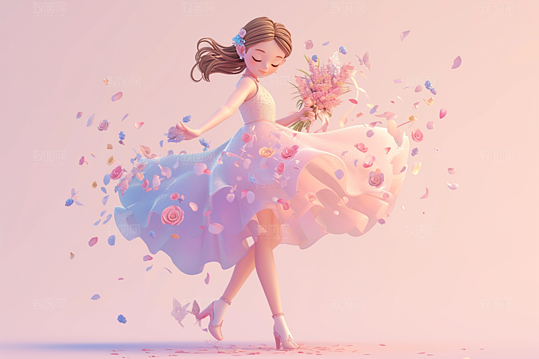 手捧鲜花的少女烂漫人物素材
